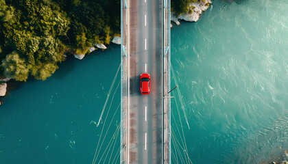 car drives along an openwork bridge over a river, top view