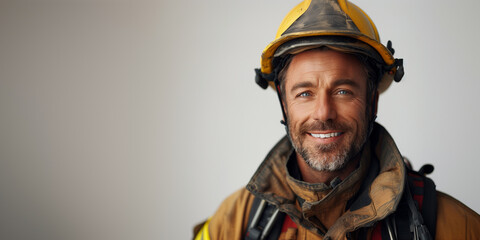 Fototapeta premium A man wearing a firemans helmet smiles on a white background banner