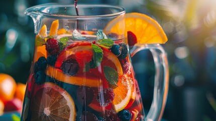 A pitcher of sangria with floating citrus fruits and berries, infusing the wine with fruity flavors and vibrant colors.