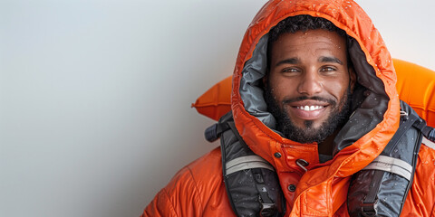 A man lifeguard wearing an orange jacket smiles on a white background banner