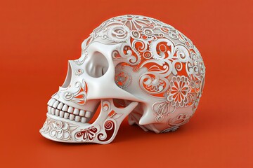 Detailed 3D illustration showcasing elaborate sugar skulls with filigree patterns.