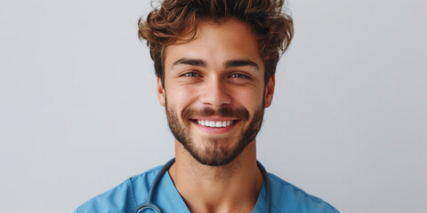 A smiling male nurse with a beard wearing a blue shirt on a white background banner - Powered by Adobe