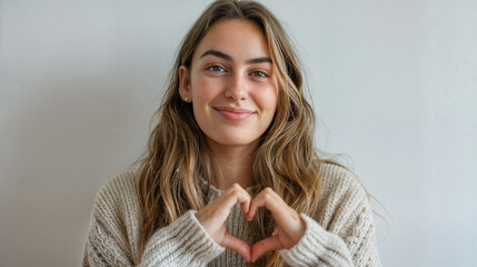 Young smiling woman making heart with her hands on grey background. Hands in shape of love heart. Peace and love concept. Sign of love, harmony, gratitude, charity - Powered by Adobe