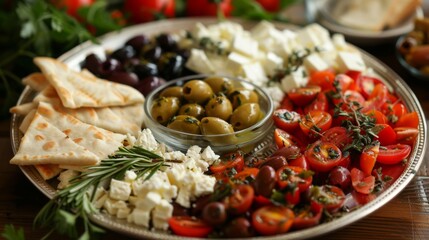 A platter of Mediterranean mezze with floating olives, feta cheese, and pita bread, offering a flavorful array of appetizers.