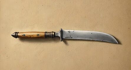 Zeichnung eines edlen Küchen Messer Käsemesser französische Schneide Werkzeuge im Stil der großen Meister auf altem Papier, mittelalterliche Handwerkskunst mit Holzgriff