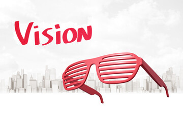 Red shutter sunglasses with 'Vision' text
