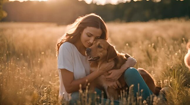 Frau umarmt ihren Hund