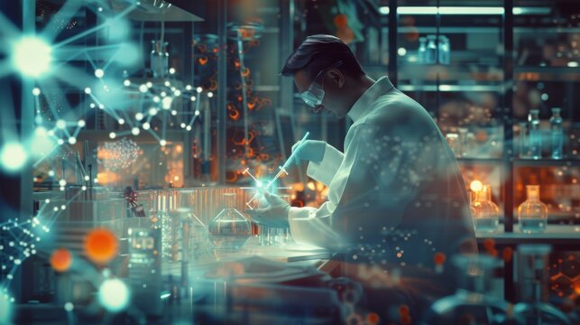 biochemist working on scientific research in a futuristic laboratory with icons of atoms with molecules, in the style of bokeh panorama, 
