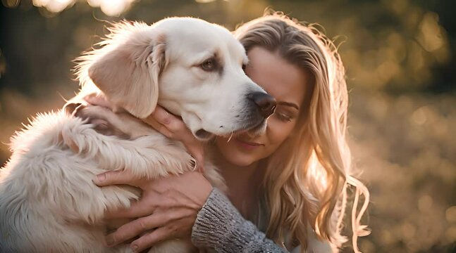 Frau umarmt ihren Hund