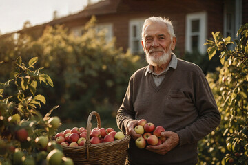 An old man, a pensioner with a harvest of apples in his garden near his house. Apple harvest.
