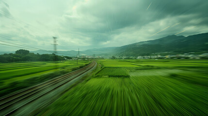 The vivid greens of nature race by as a train speeds through, contrasting technology with nature in...