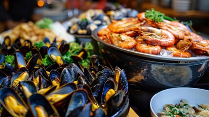 Fototapeta premium A seafood buffet spread featuring a selection of cooked mussels alongside other shellfish and seafood delicacies.