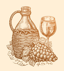 Bottle or jug of wine with wineglass and grape bunch. Still life sketch. Vector illustration in art drawing style