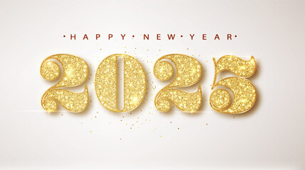 2025 gold glitter numbers for bright New Year background. Banner For Christmas and winter holiday headers, party flyers