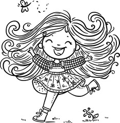 Happy cartoon girl running outdoors. Isolated outline vector illustration. Coloring page
