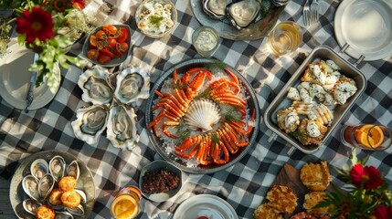 A seafood lover's picnic spread on a checkered blanket, with an assortment of clam dip, oyster shooters, and crab cakes.