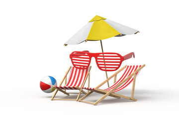 Deck chair and beach items on plain background