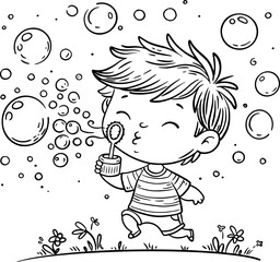Child blowing soap bubbles. Cartoon little boy playing outdoors. Summer activities clipart. Outline vector illustration