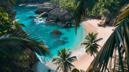 A secluded cove with turquoise waters and golden sands, framed by rugged cliffs and swaying palm...