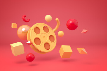 Cinema film reel and flying shapes on red