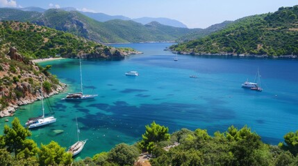 A serene bay dotted with sailing yachts and anchored boats, surrounded by emerald hillsides and pristine beaches.