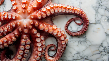 Raw octopus tentacles on a marble background with copyspace, generative ai