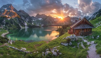 Fototapeta premium Breathtaking sunset at zittauerhuette refuge, gerlossee lake, pinzgau, salzburg, austria, europe