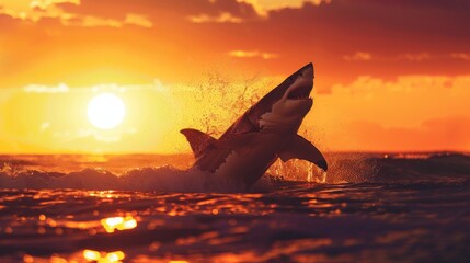 A silhouette of a great white shark breaching the surface of the water at sunset.