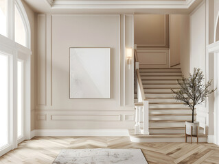 Vertical frame for wall art mockups. Modern white and beige entryway with staircase and large window.