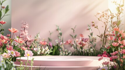 Podium mockup, Spring Flower Garden Podium Background, 3rd Render