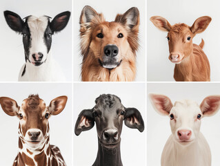 
portrait of different caucasian happy animal in casual style and different age on white background