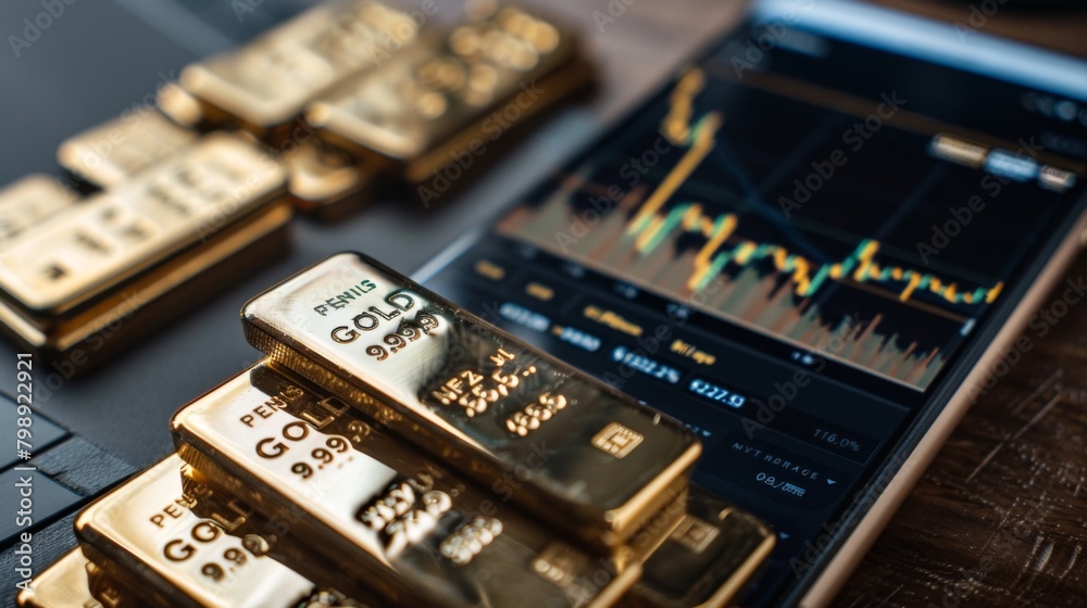 Fototapete a smartphone displaying a gold trading app with live gold price updates and charts, emphasizing tech