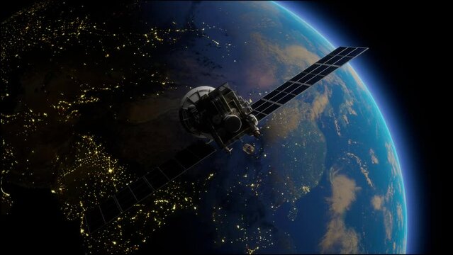 Artificial Satellite Of The Earth. A Satellite Flying In Space Over The Globe