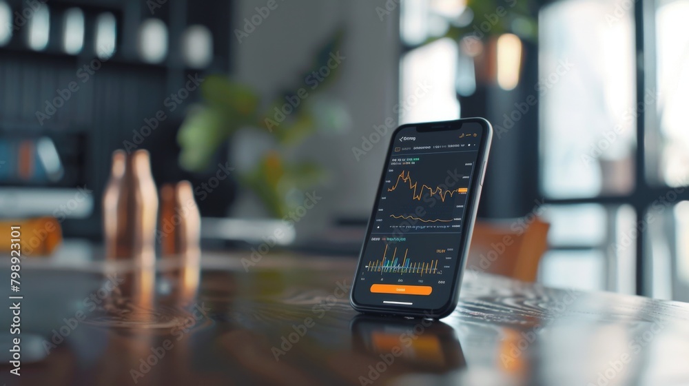 Poster a smartphone displaying a mobile stock trading app with dynamic graphs and real-time market updates.