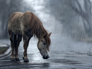 A horse is standing in the rain on a wet road. The horse is looking down at the ground, possibly eating something. The scene is moody and somewhat melancholic, as the rain creates a somber atmosphere