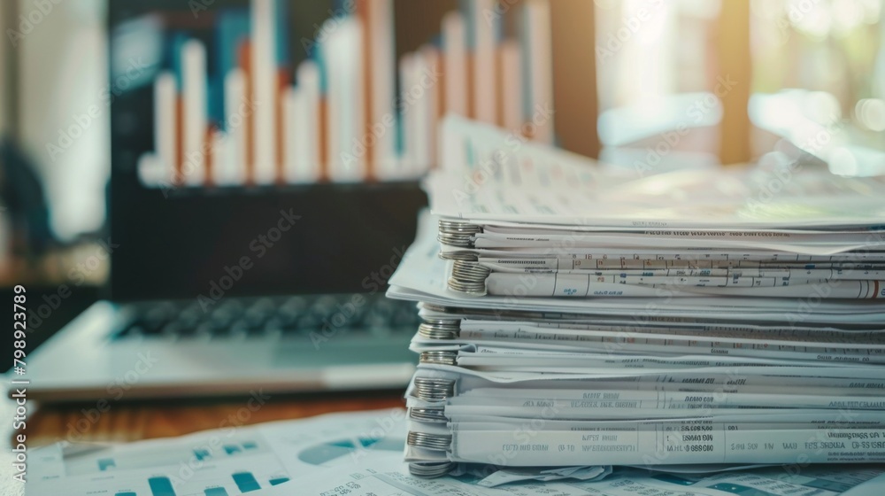 Poster a stack of financial documents and reports next to a laptop displaying a bar graph, symbolizing fina