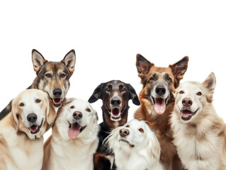 group of smiling dogs with happy expression on white background