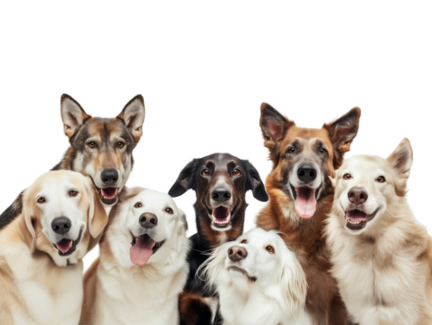 group of smiling dogs with happy expression on white background