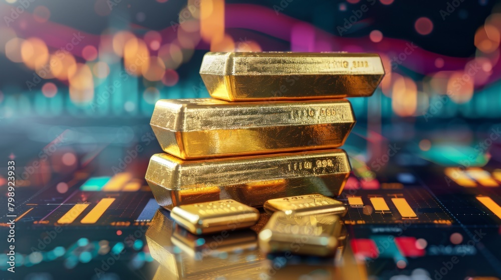 Poster a stack of gold bars against a backdrop of historical gold price graphs, symbolizing wealth and inve