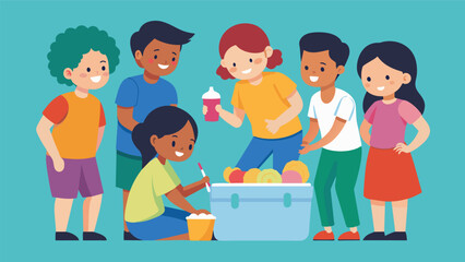 A group of cousins gathered around a cooler eagerly discussing their plans to make homemade ice cream later in the day.. Vector illustration
