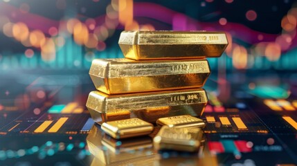 A stack of gold bars against a backdrop of historical gold price graphs, symbolizing wealth and investment.