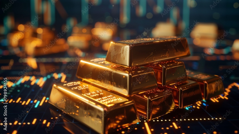 Poster a stack of gold bars against a backdrop of historical gold price graphs, symbolizing wealth and inve