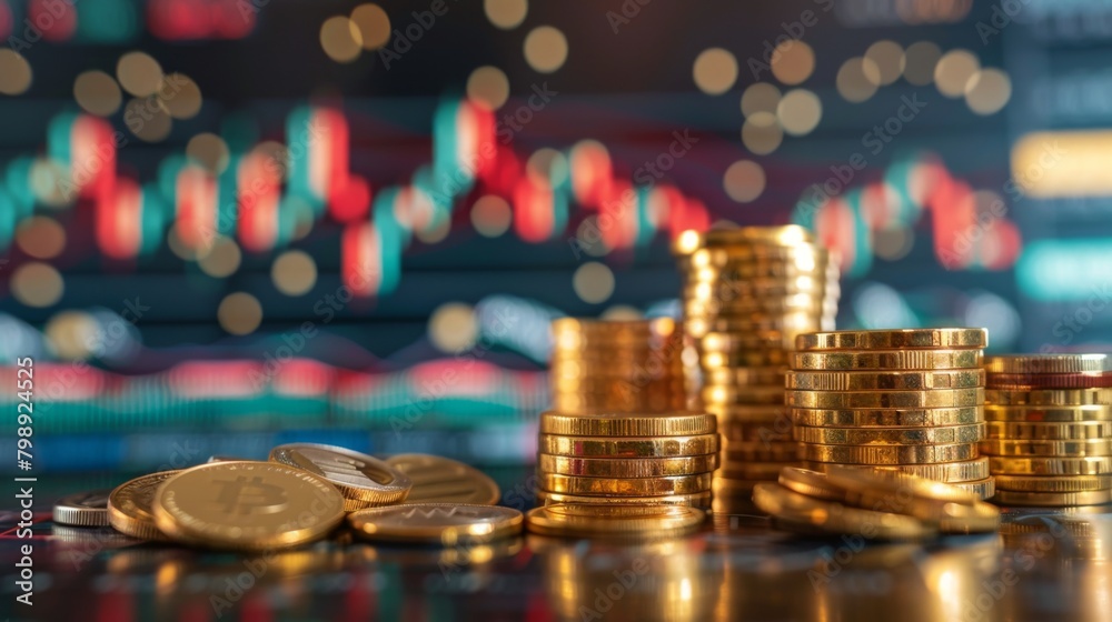 Poster A stack of gold coins and bullions arranged neatly on a desk with price trend graphs in the background.