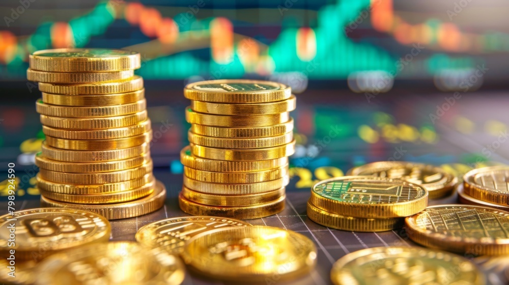 Poster A stack of gold coins and bullions arranged neatly on a desk with price trend graphs in the background.