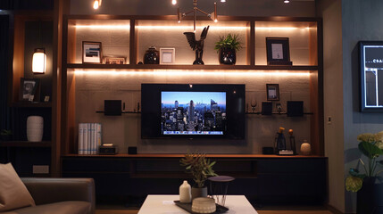 A wall-mounted television framed by floating shelves displaying curated decor.