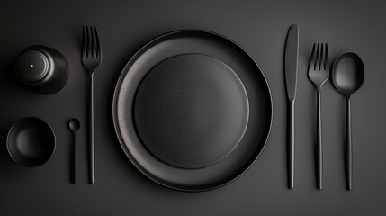 Sleek black plates and silverware set for a sophisticated dinner party with a minimalist black backdrop