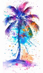 Abstract watercolor painted splash shape with palm tree silhouettes. Travel concept.