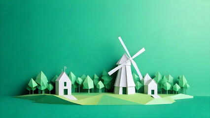 Eco-Friendly City with Windmill, Beautiful Paper-Cut Style Concept
