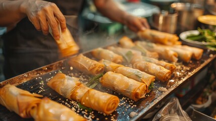 A street food vendor skillfully crafting crispy and flavorful Thai spring rolls, a popular snack enjoyed worldwide.
