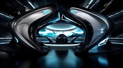 Futuristic Sci-Fi Interior with Curving Architectural Design and Sleek Metallic Accents